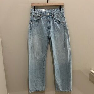 Zara Relaxed Fit Light Wash Distressed Denim Straight Leg Jeans Buckle Back 2‎